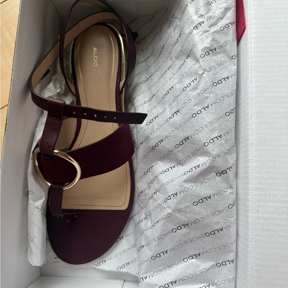 ALDO Burgundy Ankle-Strap Sandals with Gold Ring Accent